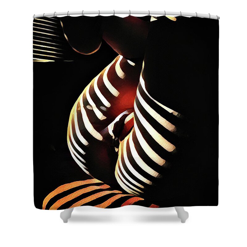 Vulva Shower Curtain featuring the digital art 0885s-AK Vulval Portrait Zebra Striped Nude Legs Up rendered in Composition style by Chris Maher