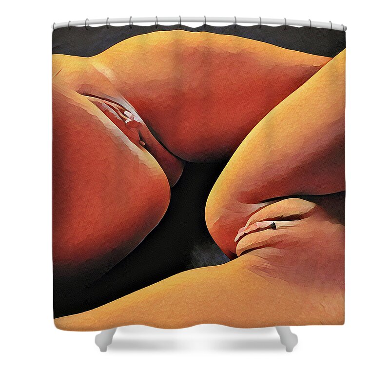 Watercolor Shower Curtain featuring the digital art 0886s-HB-TR Explicit Watercolor of Two Women Vulva to Vulva by Chris Maher