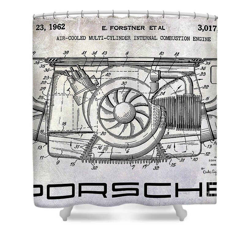 Porsche Patent Shower Curtain featuring the photograph 1962 Porsche Engine Patent by Jon Neidert