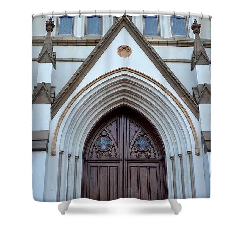 Cathedral Of St. John The Baptist Shower Curtain featuring the photograph Cathedral Doors by Laurie Perry