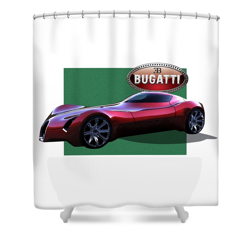 �bugatti� By Serge Averbukh Shower Curtain featuring the photograph 2025 Bugatti Aerolithe Concept with 3 D Badge by Serge Averbukh