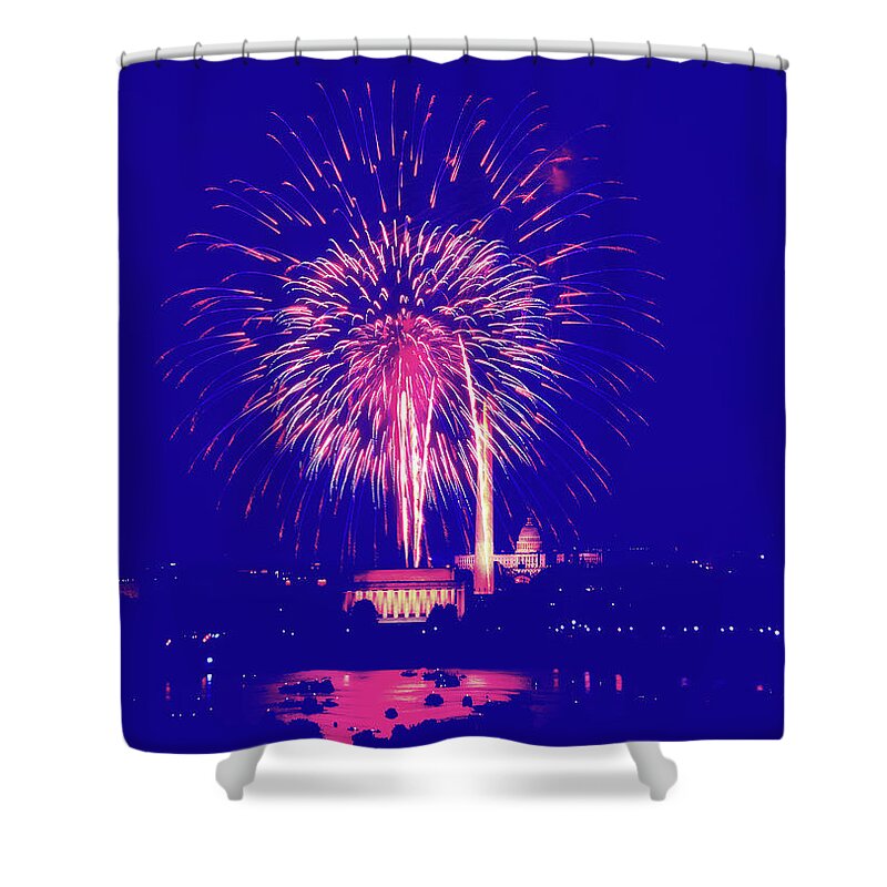 July 4th Shower Curtain featuring the photograph 4th of July Fireworks over Washington D.C. #1 by Mountain Dreams