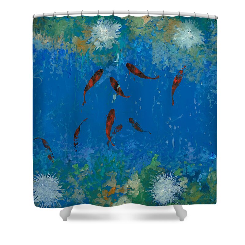 Fishscape Shower Curtain featuring the painting 9 Pesciolini Rossi by Guido Borelli