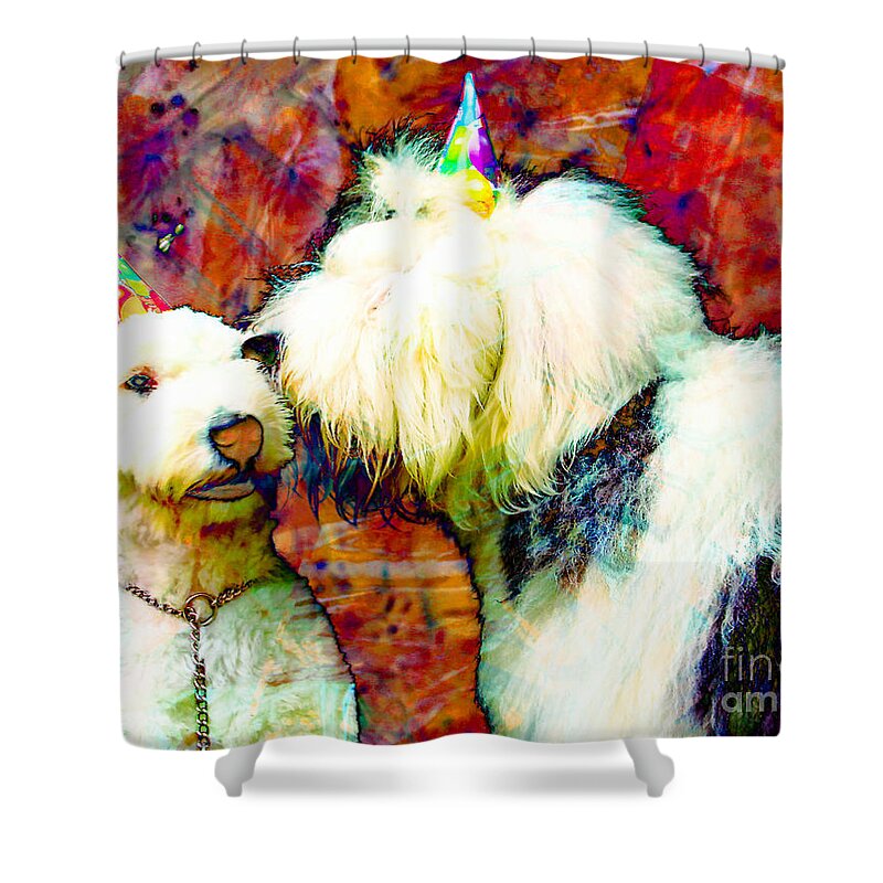 Old English Sheepdogs Shower Curtain featuring the painting A Birthday Kiss #1 by Alene Sirott-Cope