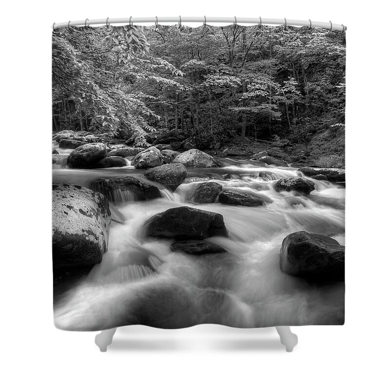 Monochrome River Scene Shower Curtain featuring the photograph A Black And White River by Mike Eingle