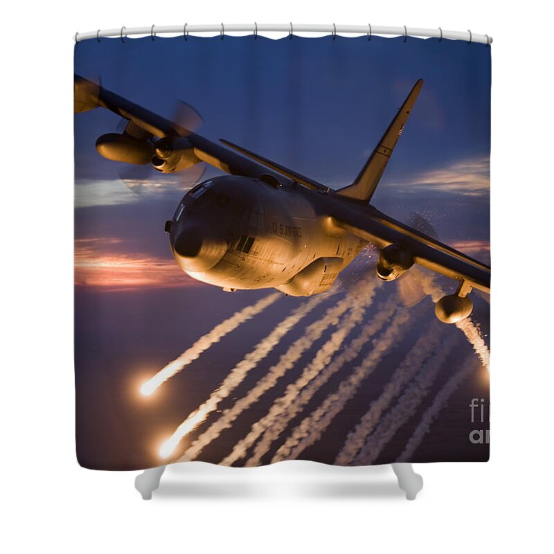 Smoke Shower Curtain featuring the photograph A C-130 Hercules Releases Flares by HIGH-G Productions