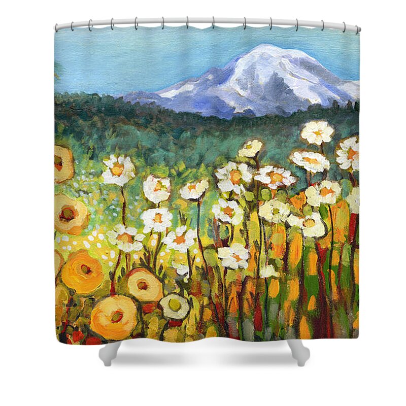 Rainier Shower Curtain featuring the painting A Mountain View by Jennifer Lommers