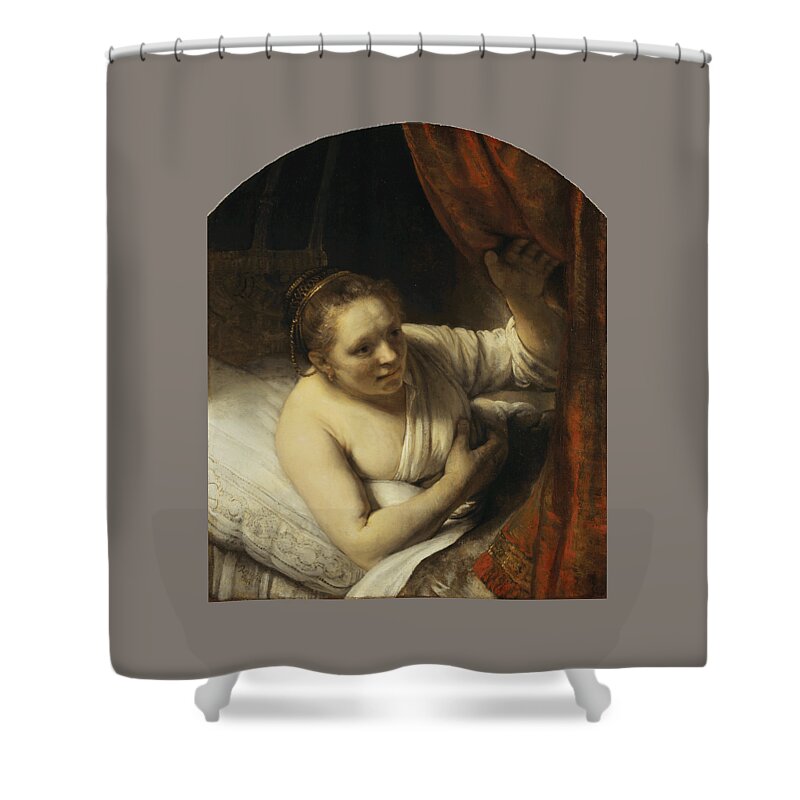 Rembrandt Van Rijn Shower Curtain featuring the painting A Woman in Bed #1 by MotionAge Designs