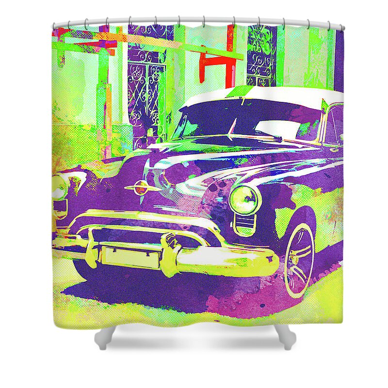 Havana Shower Curtain featuring the mixed media Abstract Watercolor - Havana Cuba Classic Car I #2 by Chris Andruskiewicz