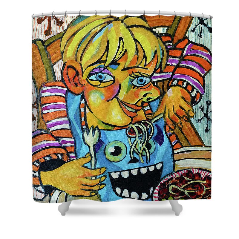 Alfie Shower Curtain featuring the drawing Alfie with spaghetti #2 by Peregrine Roskilly