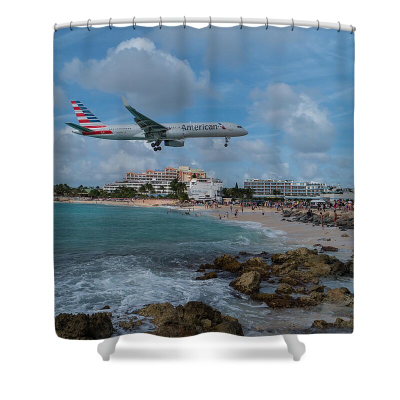 American Airlines Shower Curtain featuring the photograph American Airlines landing at St. Maarten #1 by David Gleeson