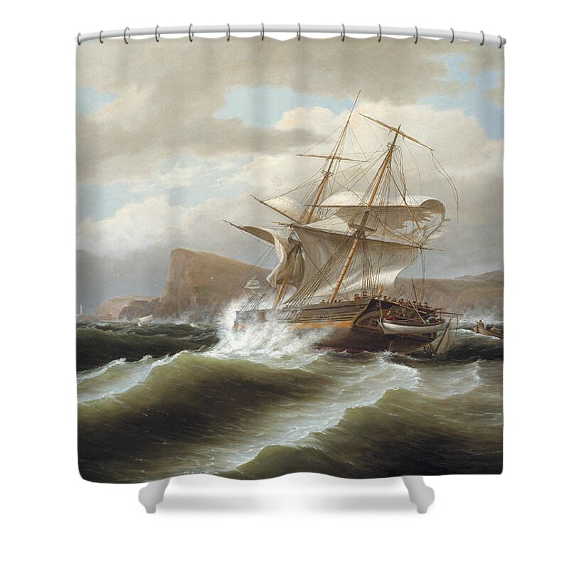Thomas Birch Shower Curtain featuring the painting An American Ship in Distress by Thomas Birch
