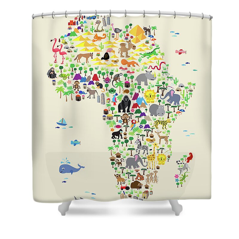 Map Of The Africa Shower Curtain featuring the digital art Animal Map of Africa for children and kids by Michael Tompsett