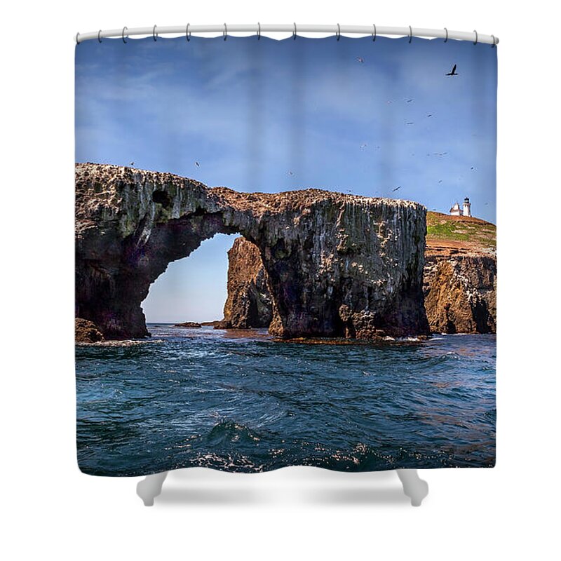 Arch Rock Shower Curtain featuring the photograph Arch Rock and Lighthouse #1 by Endre Balogh