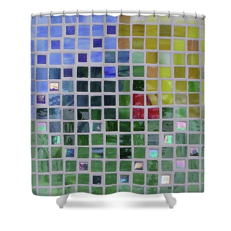 Mosaics Shower Curtain featuring the glass art Arrival by Suzanne Udell Levinger