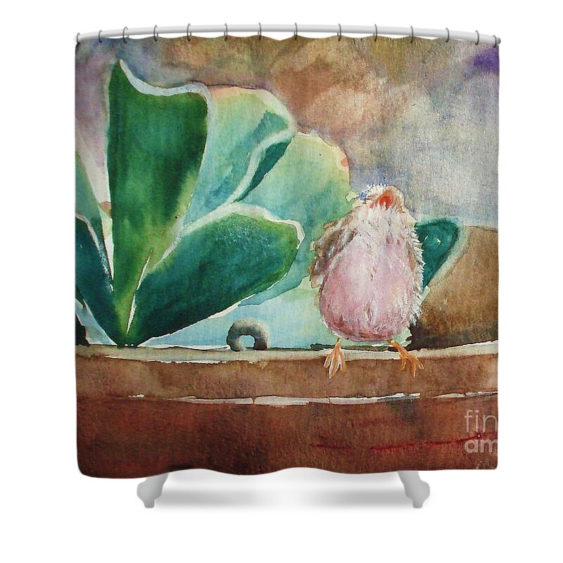  Shower Curtain featuring the painting Baby Robin #1 by Marilyn Jacobson