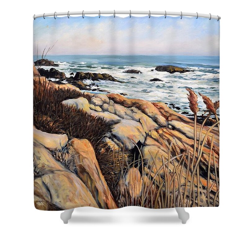 Gloucester Shower Curtain featuring the painting Back Shore by Eileen Patten Oliver