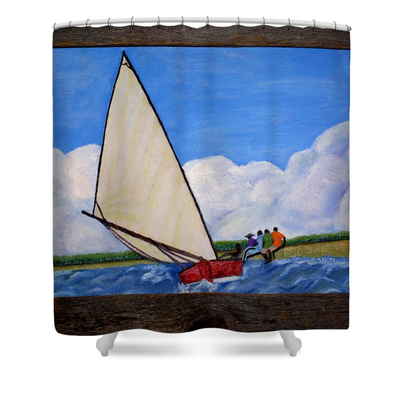 Bahamian Boat Races Shower Curtain featuring the painting Bahamian Boat Race #2 by Jean Wolfrum