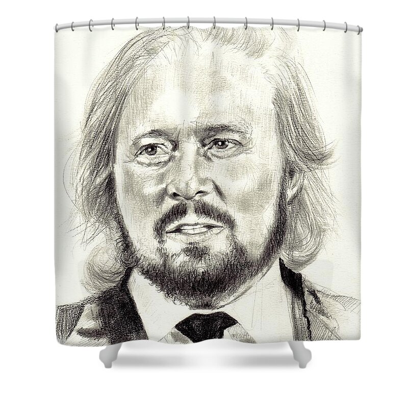 Barry Gibb Shower Curtain featuring the drawing Barry Gibb portrait by Suzann Sines