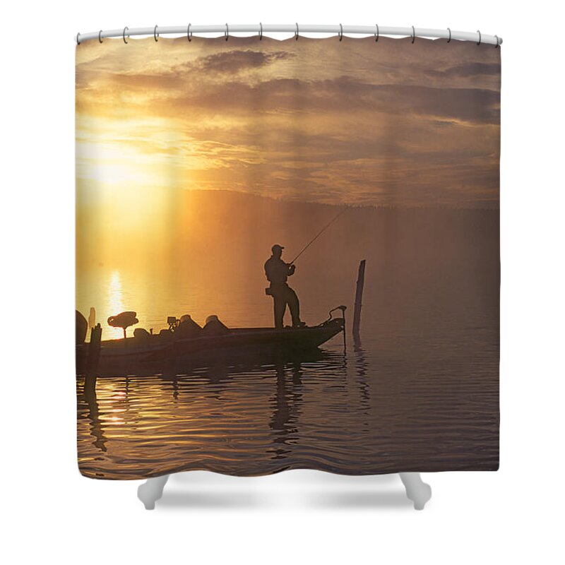 Man Fishing; Person Fishing; Fishing; Angling; Fishing For Bass; Bass Boat; Man Casting; Man In Boat; Person In Boat; Fisherman In Boat; Crane Prairie Lake; Crane Prairie Reservoir; Central; Oregon; Cascade; Mountains; Oregon Cascades; Fishing In Summer; Boating Shower Curtain featuring the photograph Bass Fishing #2 by Buddy Mays