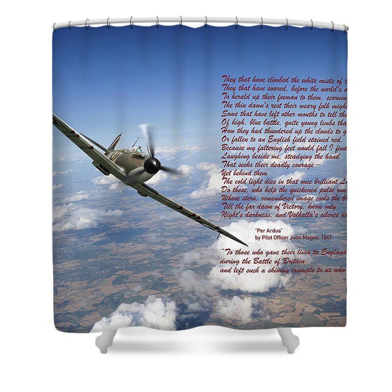 Battle Of Britain Shower Curtain featuring the photograph Battle of Britain Spitfire Per Ardua poem #1 by Gary Eason