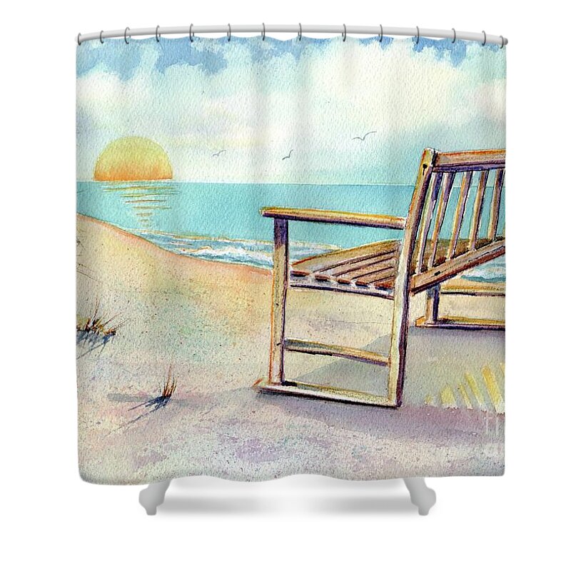 Beach Shower Curtain featuring the painting Beach Bench by Midge Pippel