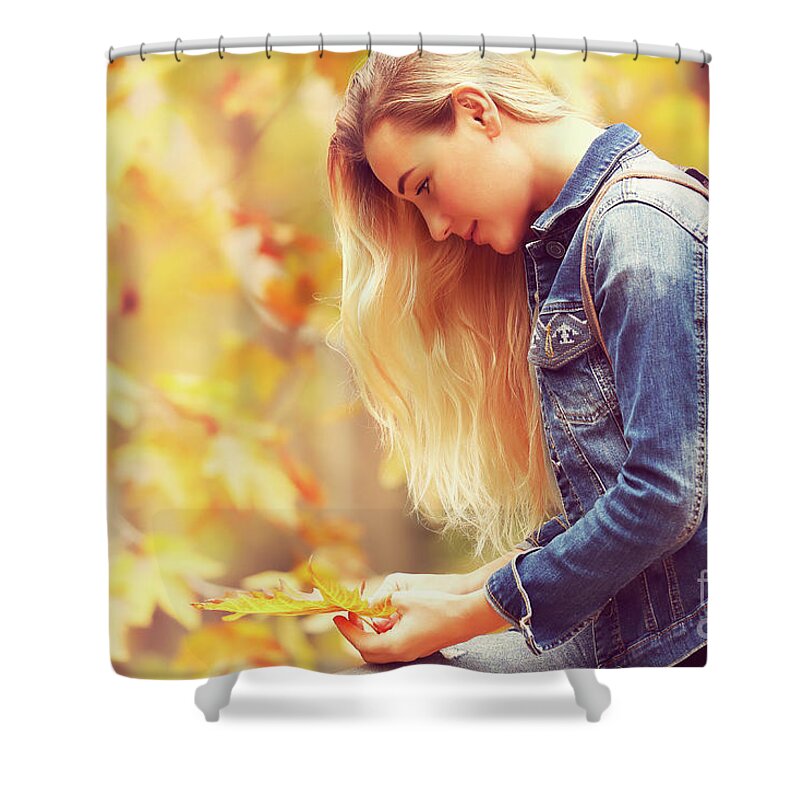Autumn Shower Curtain featuring the photograph Beautiful model in autumn park #1 by Anna Om