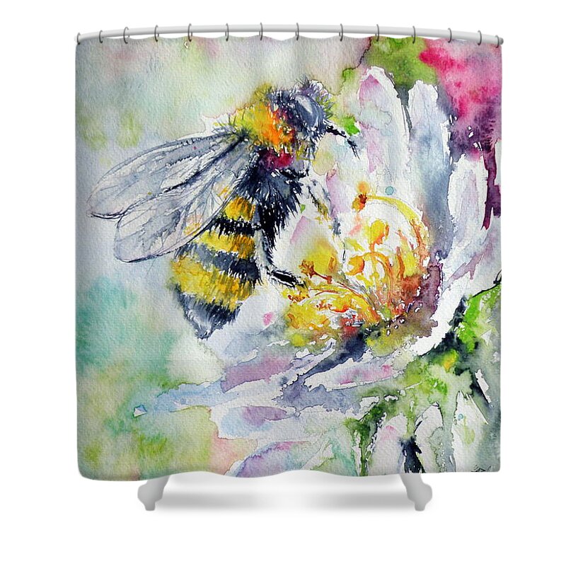 Bee Shower Curtain featuring the painting Bee on flower #1 by Kovacs Anna Brigitta