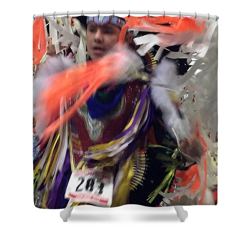 Native Americans Shower Curtain featuring the photograph Behind the Feathers #1 by Audrey Robillard