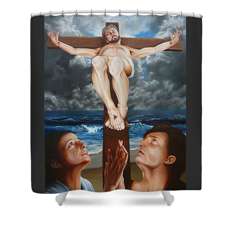 Christ Shower Curtain featuring the painting Behold Your Son by Vic Ritchey