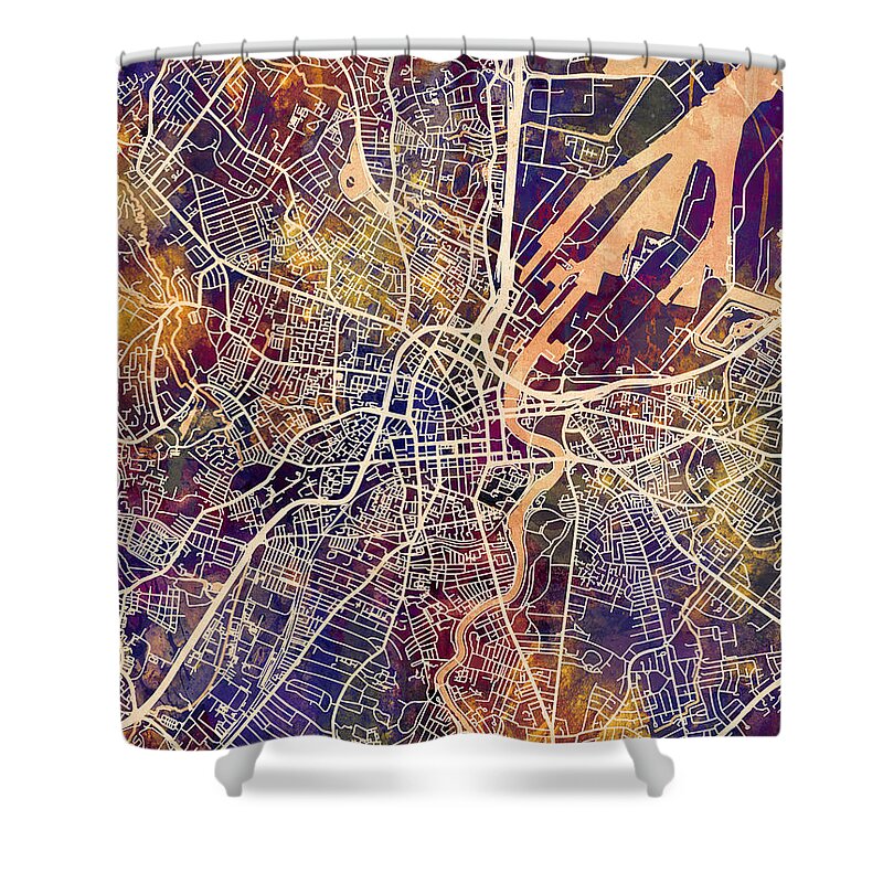 Belfast Shower Curtain featuring the digital art Belfast Northern Ireland City Map by Michael Tompsett