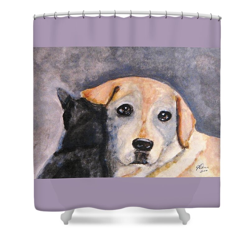 Yellow Labs Shower Curtain featuring the painting Best Friends #1 by Angela Davies