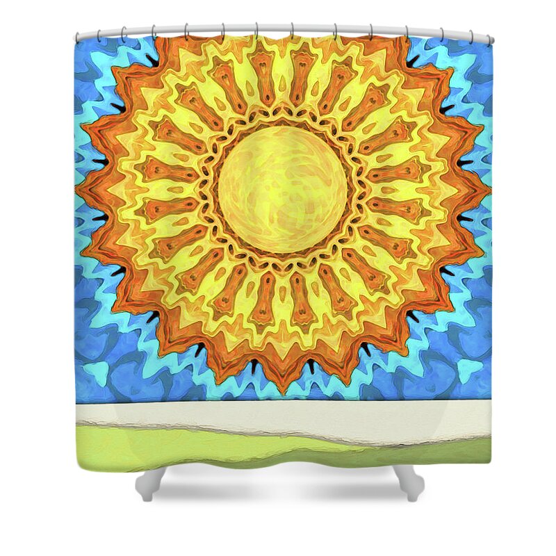 Summer Shower Curtain featuring the digital art Big Sun In A Blue Sky #1 by Phil Perkins