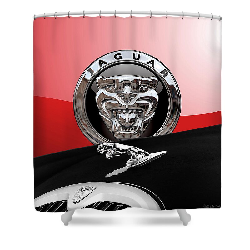 'auto Badges' Collection By Serge Averbukh Shower Curtain featuring the photograph Black Jaguar - Hood Ornaments and 3 D Badge on Red by Serge Averbukh