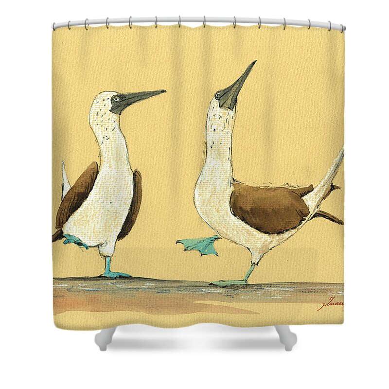 Blue Footed Boobies Shower Curtain featuring the painting Blue footed boobies by Juan Bosco