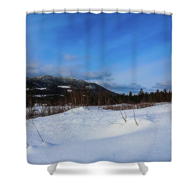 Hills Mountain Snow Clouds White Winter Countryside Panorama Photo Photography Nature Landscape View Nature Sky Trees Blue Outdoors Outdoor Activities Hiking Fieldtrip Norway Scandinavia Europe Rocks Rock Akershus Hurdal View Shower Curtain featuring the digital art Blue Sky #1 by Jeanette Rode Dybdahl