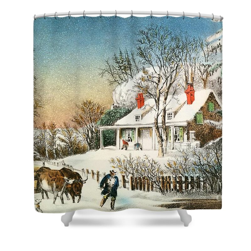Bringing Shower Curtain featuring the painting Bringing Home the Logs by Currier and Ives