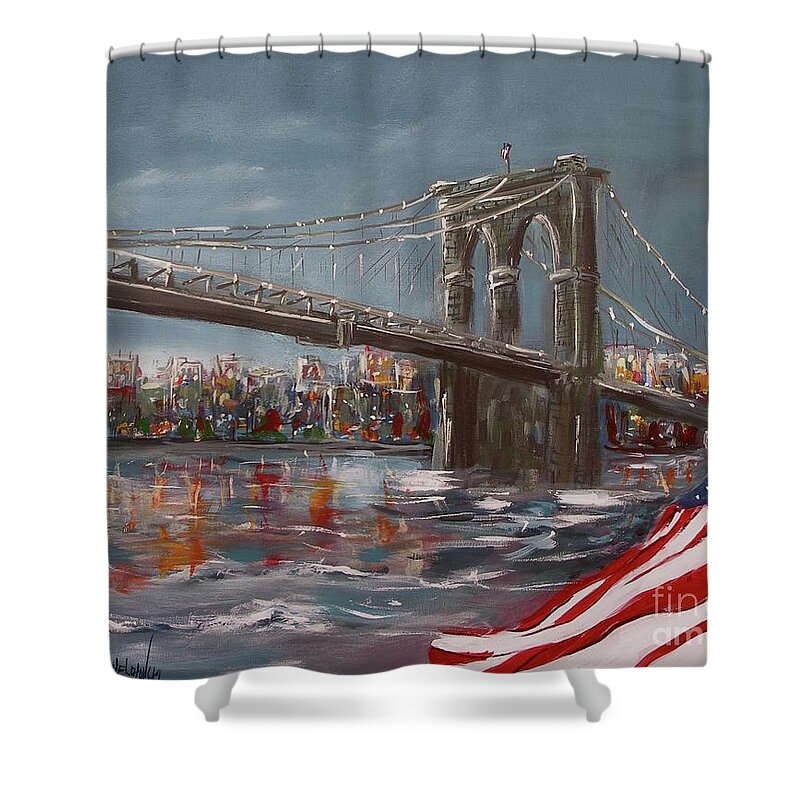 Brooklyn Bridge New York Town Big Apple Blue Evening American Flag Red White Manhattan Usa Lights Street Water Bay River Reflection Colors Acrylic Painting On Canvas Print Miroslaw Chelchowski Shower Curtain featuring the painting Brooklyn Bridge #1 by Miroslaw Chelchowski