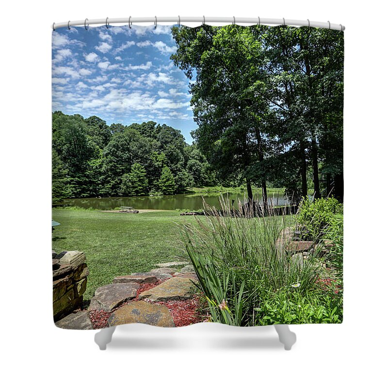 Real Estate Photography Shower Curtain featuring the photograph Burns Rd yard and pond #2 by Jeff Kurtz