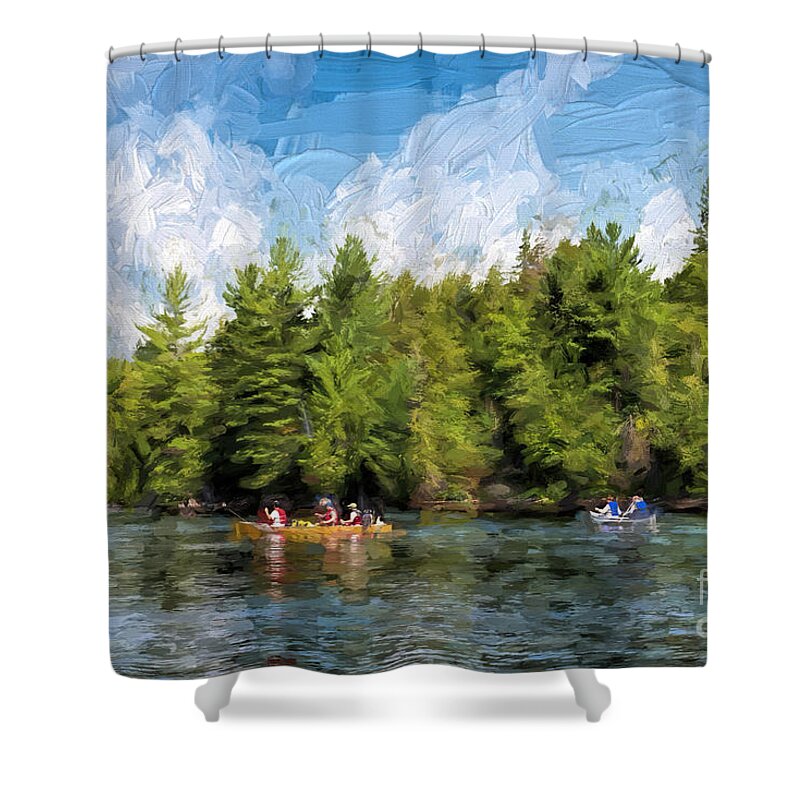 Canoe Shower Curtain featuring the photograph Canoe paddling in Algonquin Park #2 by Les Palenik