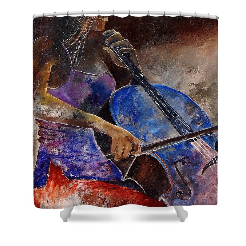 Music Shower Curtain featuring the painting Cello player #2 by Pol Ledent