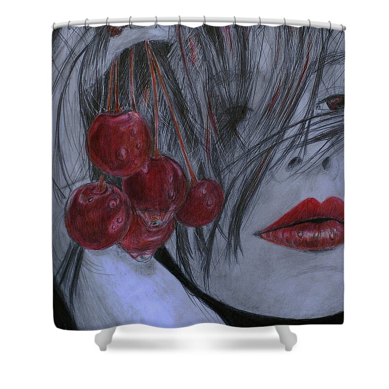 Portrait Shower Curtain featuring the drawing Cherry Kisses #1 by Quwatha Valentine