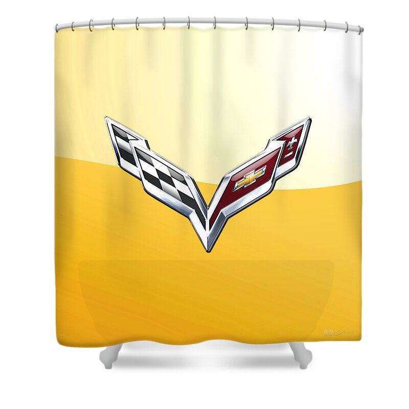 �wheels Of Fortune� Collection By Serge Averbukh Shower Curtain featuring the photograph Chevrolet Corvette 3D Badge on Yellow by Serge Averbukh