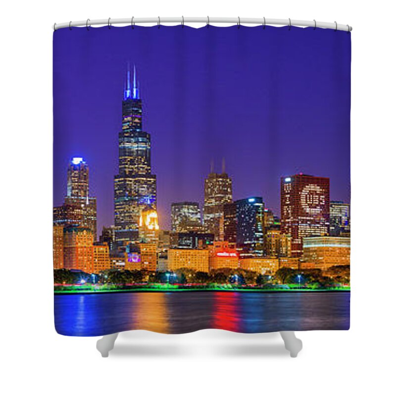 Building Exterior Shower Curtain featuring the photograph Chicago skyline with Cubs World Series lights night, Lake Michigan, Chicago, Cook County, Illinois #1 by Panoramic Images