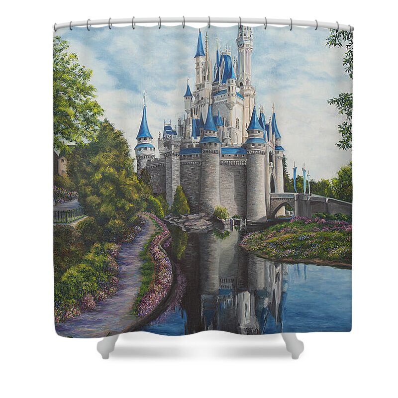 Disney Art Shower Curtain featuring the painting Cinderella Castle by Charlotte Blanchard