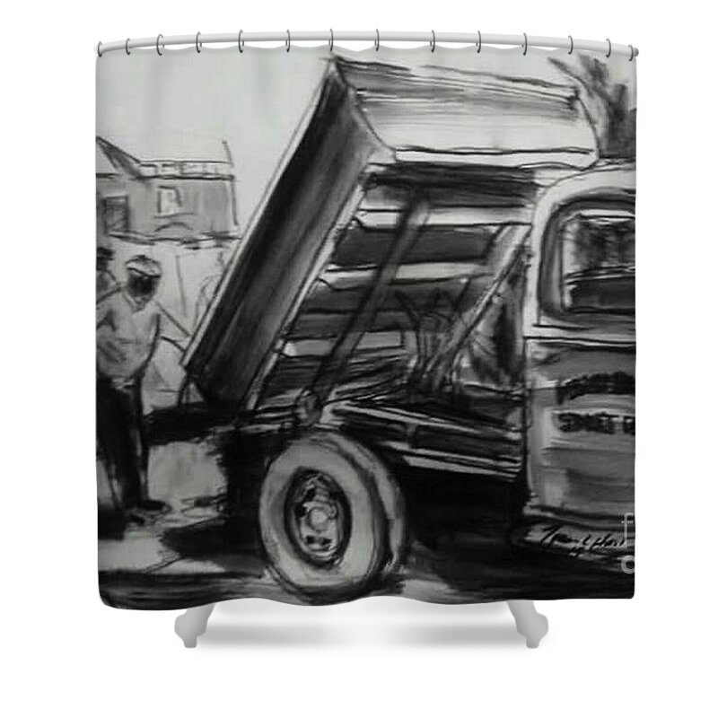 Worker's Job's Shower Curtain featuring the painting City workers by Tyrone Hart