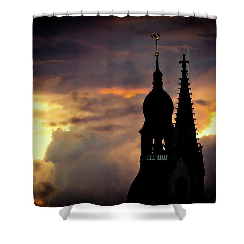 Cities Shower Curtain featuring the photograph Cloudscape of orange sunset old town Riga Latvia #1 by Raimond Klavins