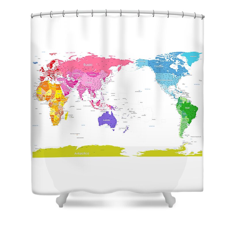 World Map Shower Curtain featuring the digital art Continents World Map #1 by Michael Tompsett