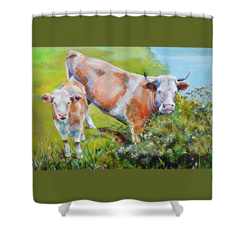 Cow And Calf Shower Curtain featuring the painting Cow and Calf Painting #2 by Mike Jory
