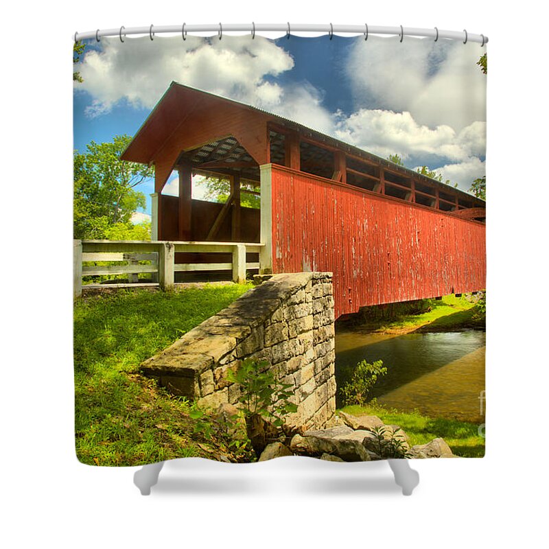 Herline Covered Bridge Shower Curtain featuring the photograph Crossing Over The Juniata River #1 by Adam Jewell